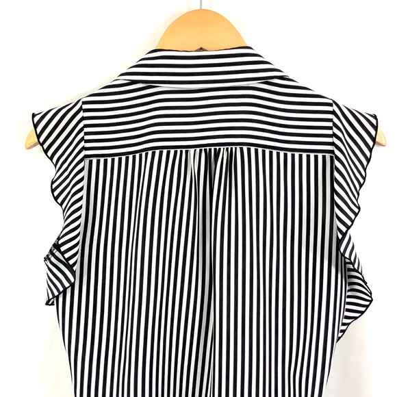 KARL LAGERFELD Paris Sleeveless Black White Vertical Striped Tank Top Ruffle M18 - Picture 5 of 8